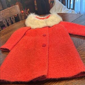 Elegant orange Women's mohair Coat with Faux Fur Collar
